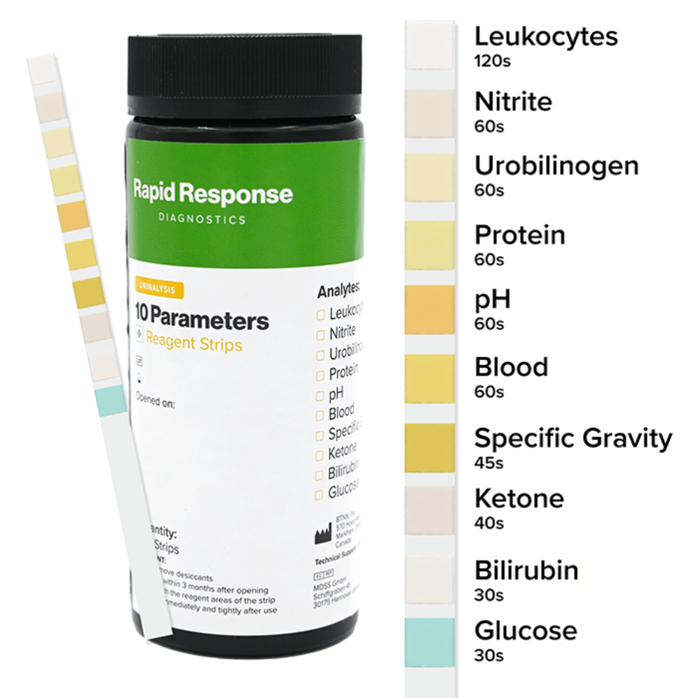 The front-facing view of the Rapid Response Urinalysis Reagent Strips box, indicating a 100-count pack size.