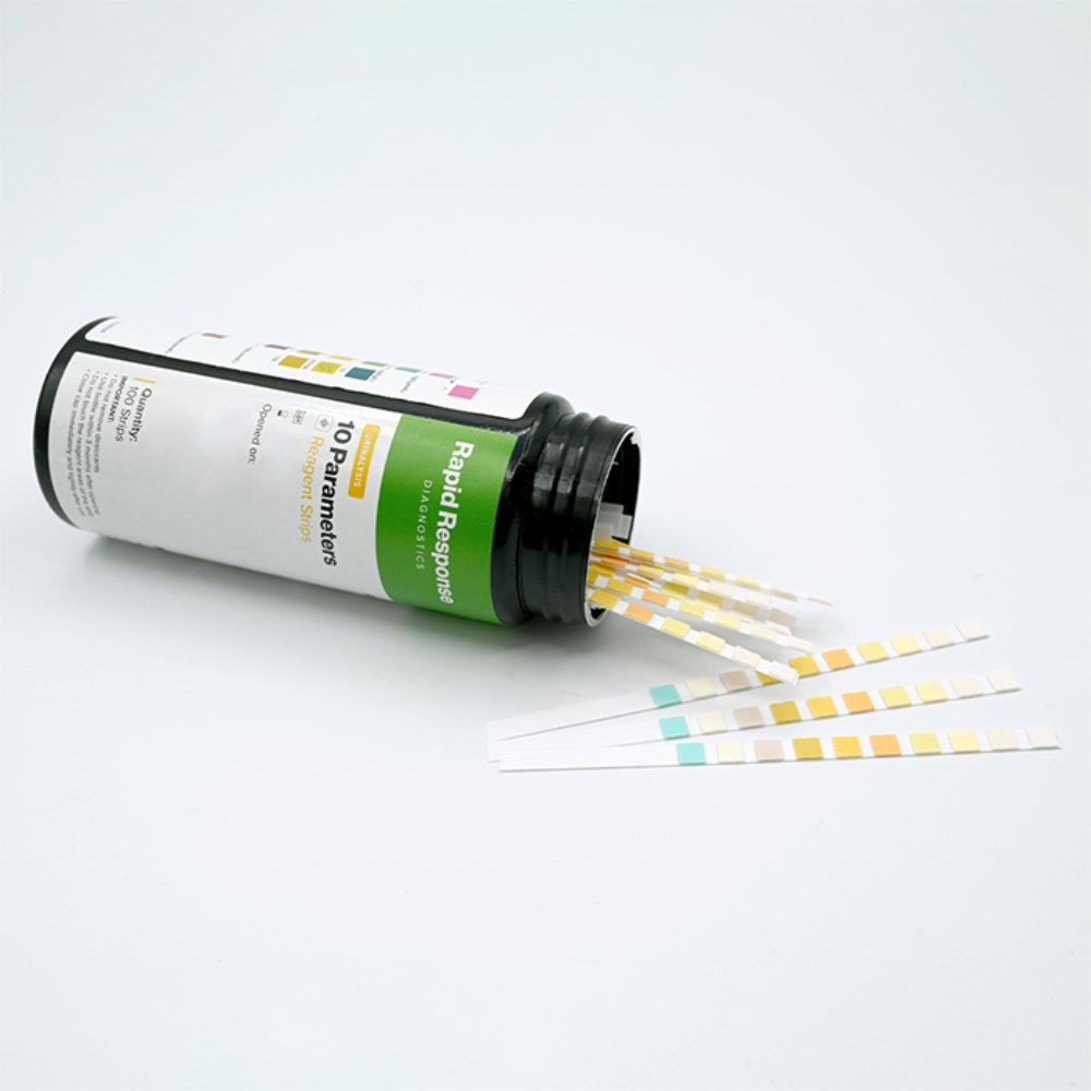 An angled shot of the reagent strips spilling out of the bottle, demonstrating the quantity and easy-access packaging.