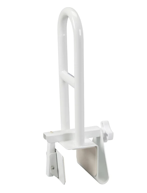 White steel clamp-on safety grab bar for bathtubs with vertical handrail and mounting clamp on a plain white background.
