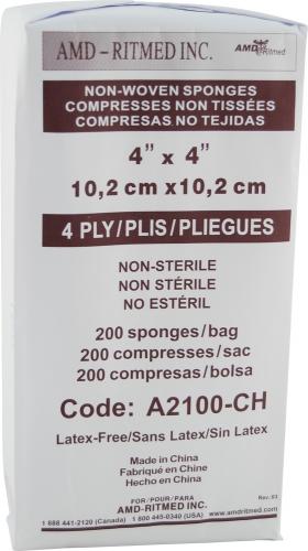 4" x 4" Non Woven Non-Sterile Ritmed Gauze Sponge, 4-Ply-2000/cs