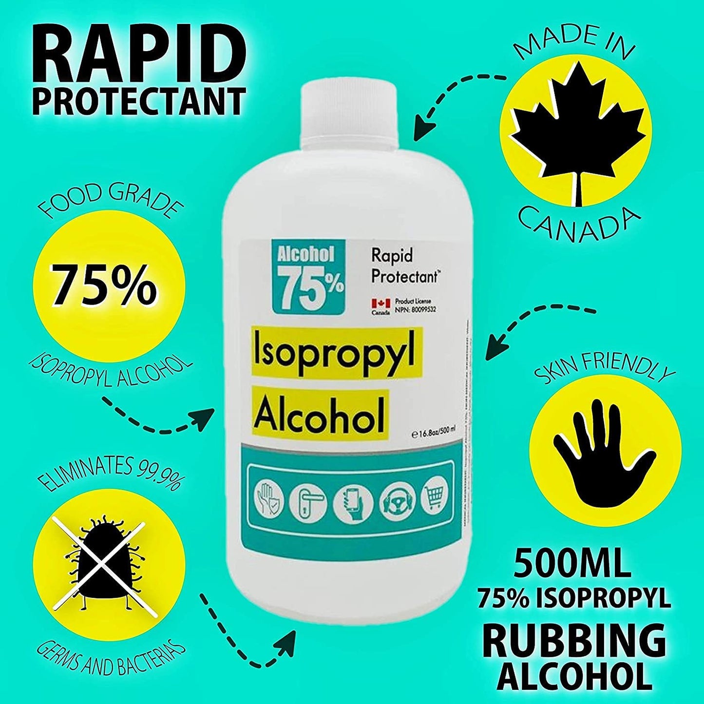 Rapid Protectant Alcool à friction - Alcool isopropylique de qualité alimentaire 75% 500 ml (lot de 4)