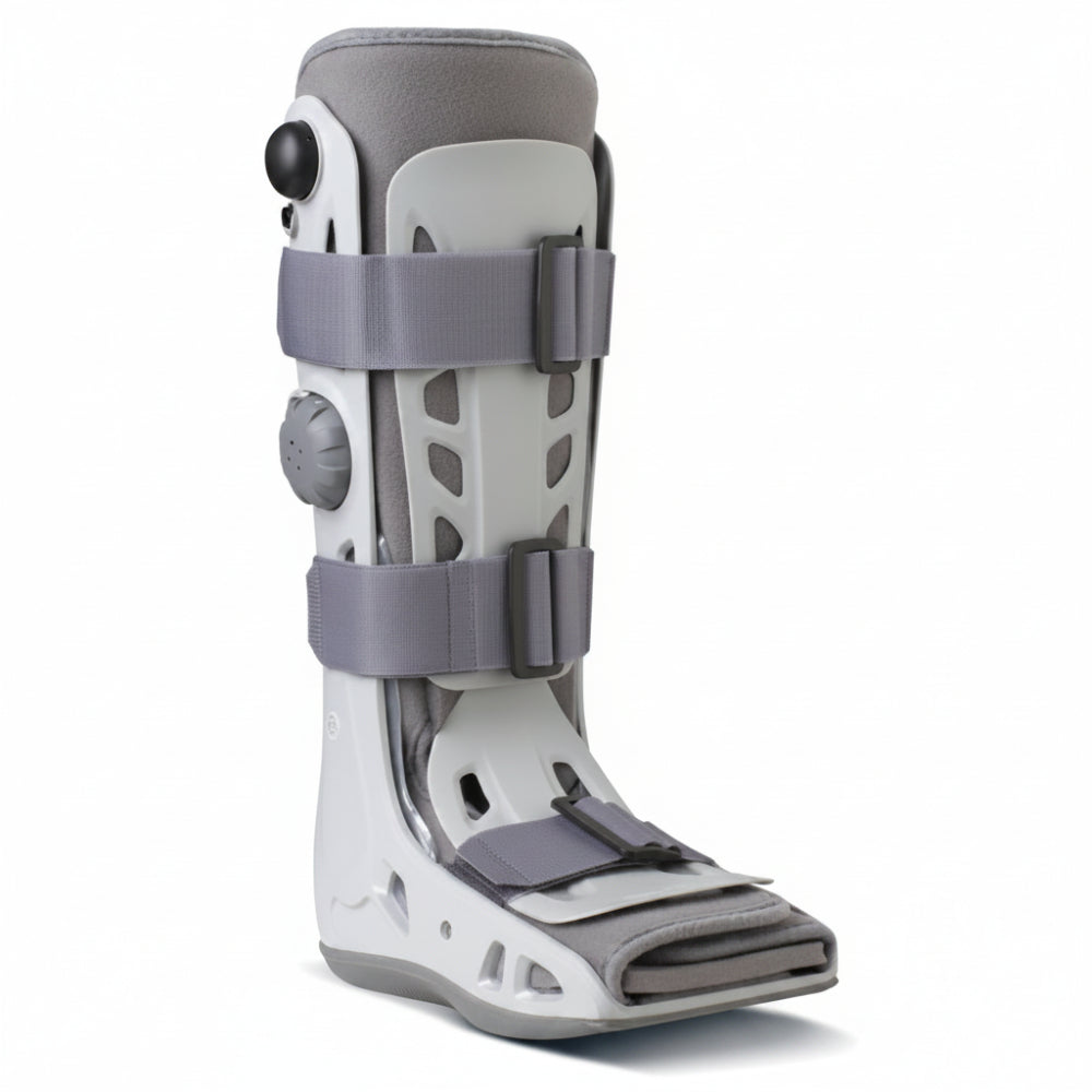 Direct front view of the AirSelect Standard boot, highlighting the secure three-strap fastening system and the breathable, open-toe design for patient comfort.