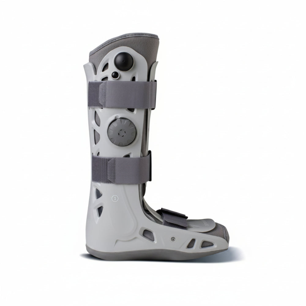 Frontal angled view of the Aircast AirSelect Standard walking boot, featuring a semi-rigid shell for stable support and integrated air-cells for customizable compression during fracture or sprain recovery.