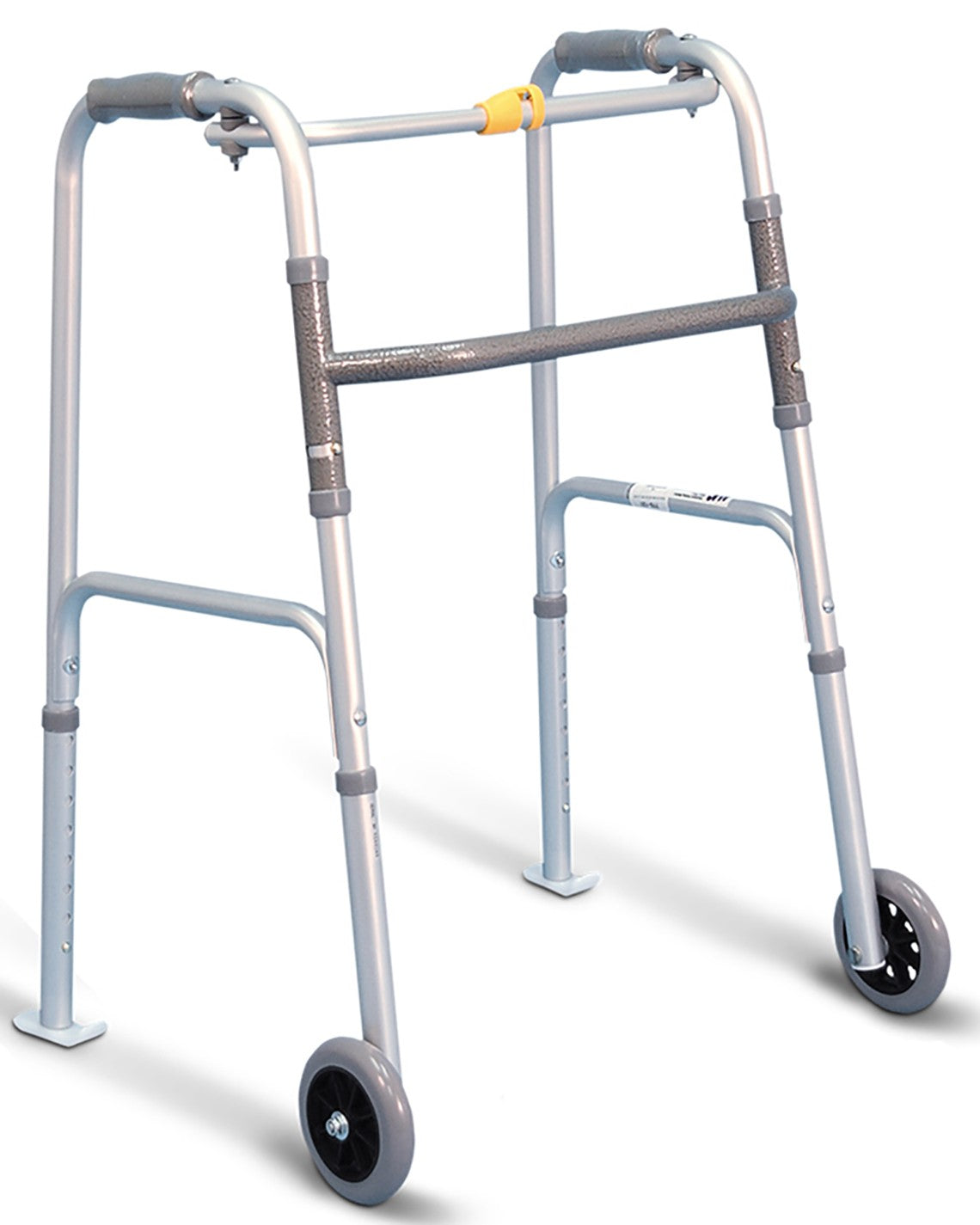 Front angled view of the Airgo Folding Walker with 5-inch wheels, featuring lightweight 1-inch anodized aluminum tubing, angled front legs for stability, and a yellow one-button folding mechanism.