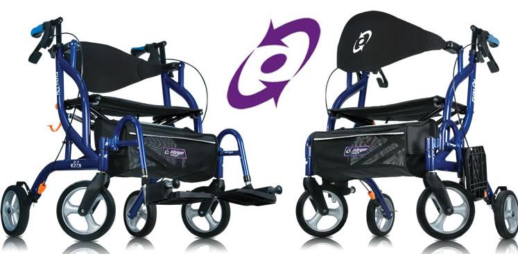 A demonstration image for the Airgo Fusion F20 showing the conversion process from a walker to a transport chair with patented Swing n' Lock footrests and a reversible backrest.