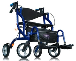 Full angled view of the Pacific Blue Airgo Fusion F20 Side-Folding Rollator and Transport Chair, featuring a padded seat, full backrest, and lightweight frame for versatile indoor and outdoor mobility.