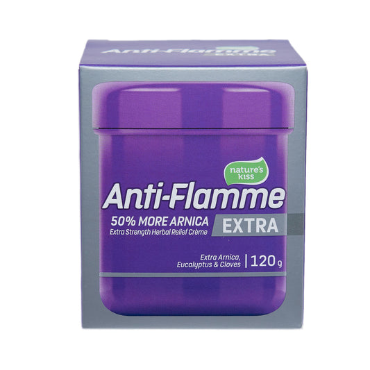 Front view of the 120g tub of Anti-Flamme Extra, a natural herbal relief cream containing 50% more Arnica oil for fast-acting support of bumps, bruises, and muscle strains.