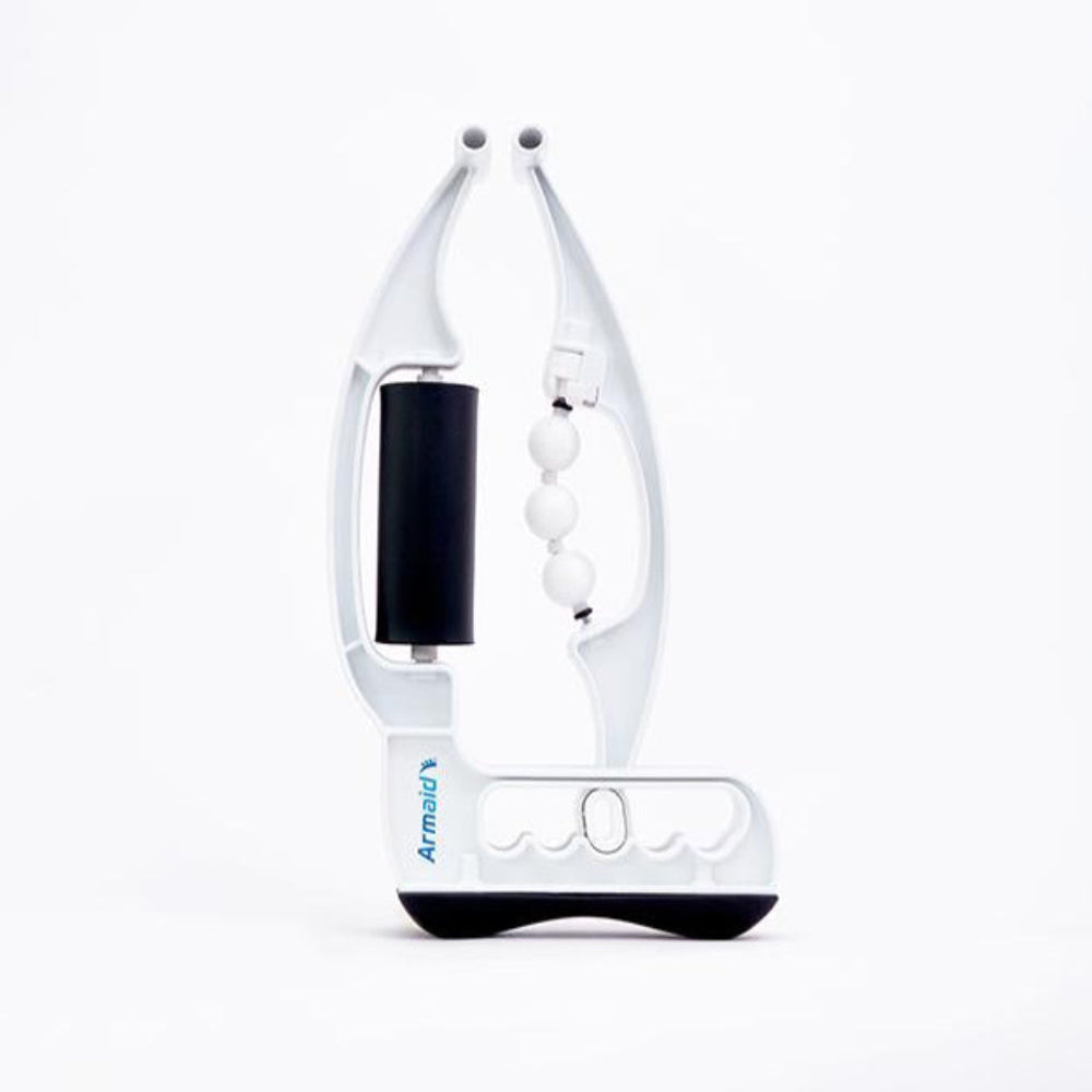 Charger la vidéo : Armaid arm massager demonstration showing the white roller attachment, leverage-based trigger point therapy, non-skid base, adjustable arm, and forearm and elbow self-massage use.
