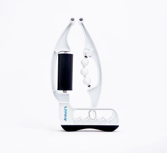 Full profile view of the white Armaid self-massage tool with the white roller attachment, designed for targeted trigger point therapy on the forearms and elbows.