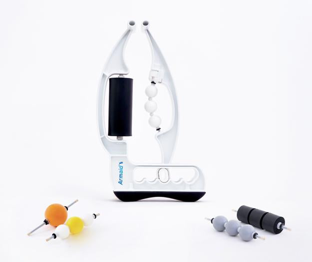 A clear view of the fully assembled Armaid device, showcasing the white rollers and the adjustable frame that accommodates various arm sizes for personalized relief.