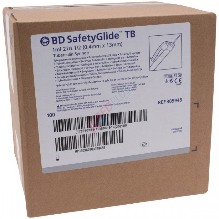 BD 305945 Seringues à tuberculine avec aiguilles fixées en permanence SafetyGlide™ | 1 ml | 27G x 1/2" - 100 par boîte