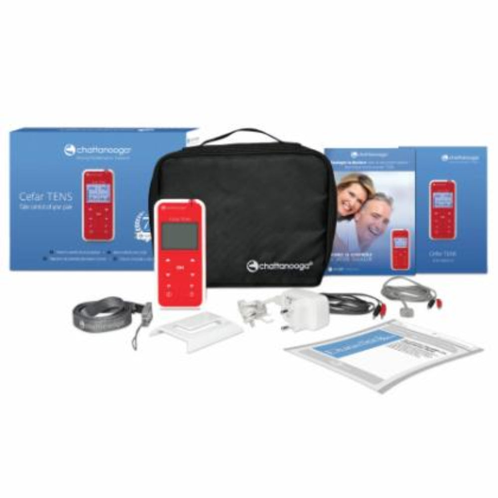 The complete Chattanooga Cefar TENS kit, including the digital unit, lead wires, electrodes, and a professional black carrying case for clinical or home use.