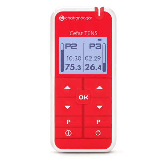 A front view of the red Chattanooga Cefar TENS unit, a next-generation handheld device combining TENS and NMES technology for professional pain relief and muscle rehabilitation.
