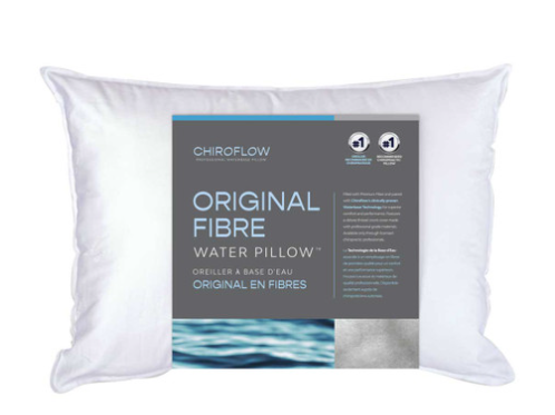 Frontal view of the Chiroflow Waterbase Pillow in its original fiber packaging, designed to improve sleep quality and provide adjustable support for neck and shoulder pain.