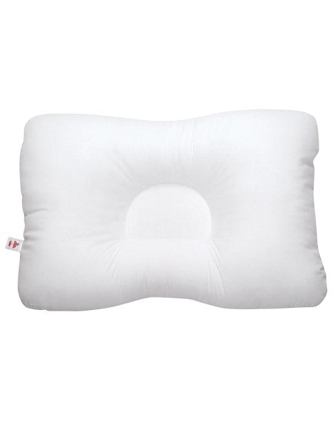 Front view of the D-Core Cervical Support Pillow, showcasing the patented D-shaped center that cradles the head while providing firm lobe support for the neck and upper spine.