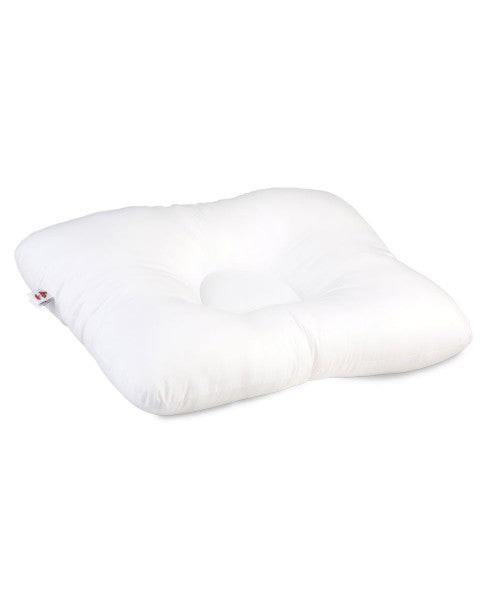 An angled view of the D-Core pillow, highlighting the contoured fiber-filled lobes designed to relieve tension headaches and neck spasms during sleep.
