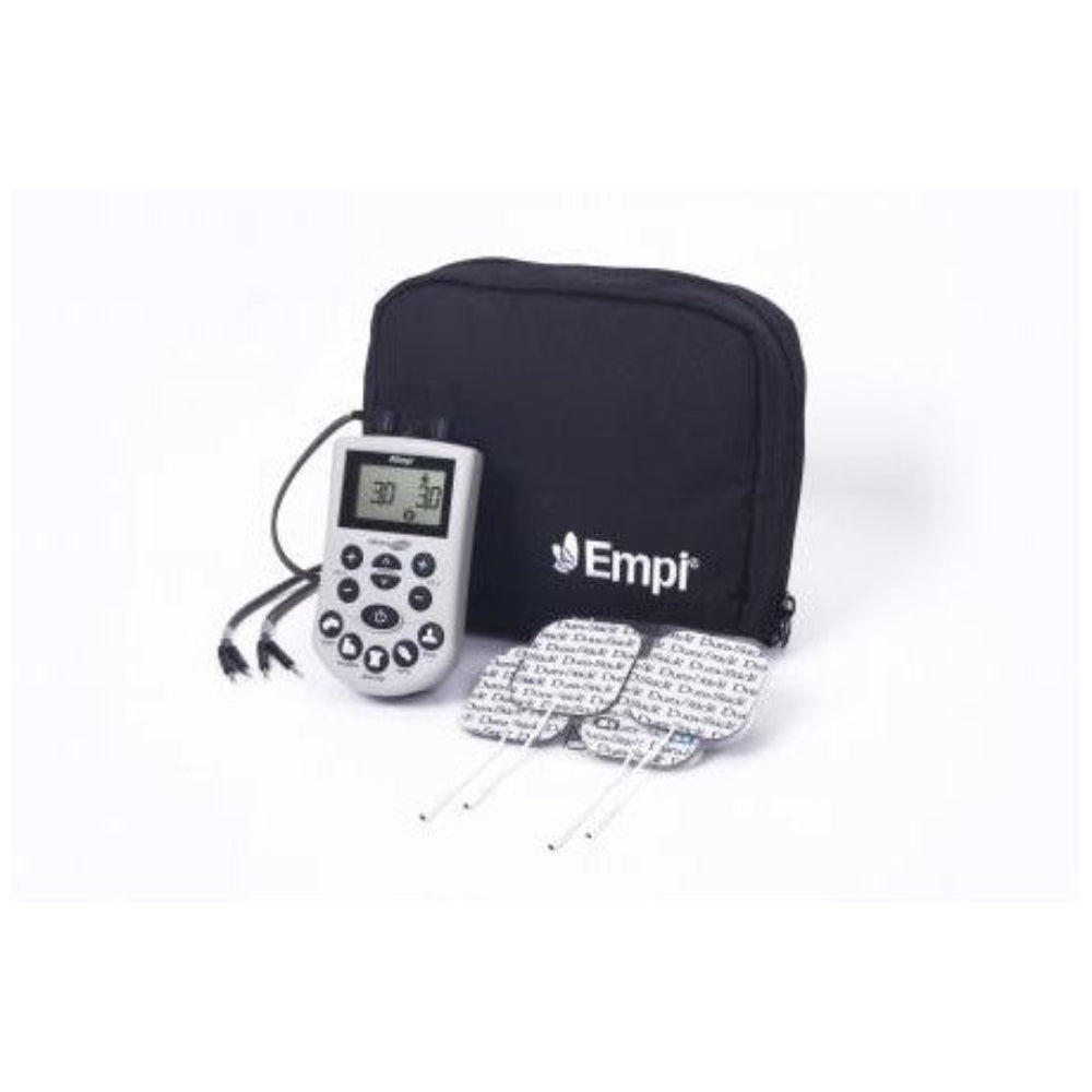 Charger la vidéo : Empi Direct TENS Machine demonstration showing a portable dual-channel TENS device, electrode pad connection, and electrical nerve stimulation for drug-free pain management.