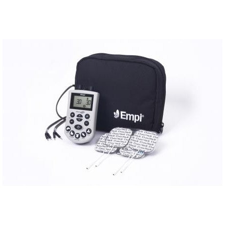 The complete EMPI Direct TENS device kit, featuring a portable digital nerve stimulator, lead wires, four electrodes, and a black carrying case for professional-grade pain management.