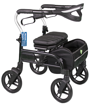 Standalone angled view of the black Evolution Technologies Trillium Rollator, featuring a premium 1.5-inch quilted padded seat cushion, cable-free braking system, and offset rear forks for a wider walking gait.