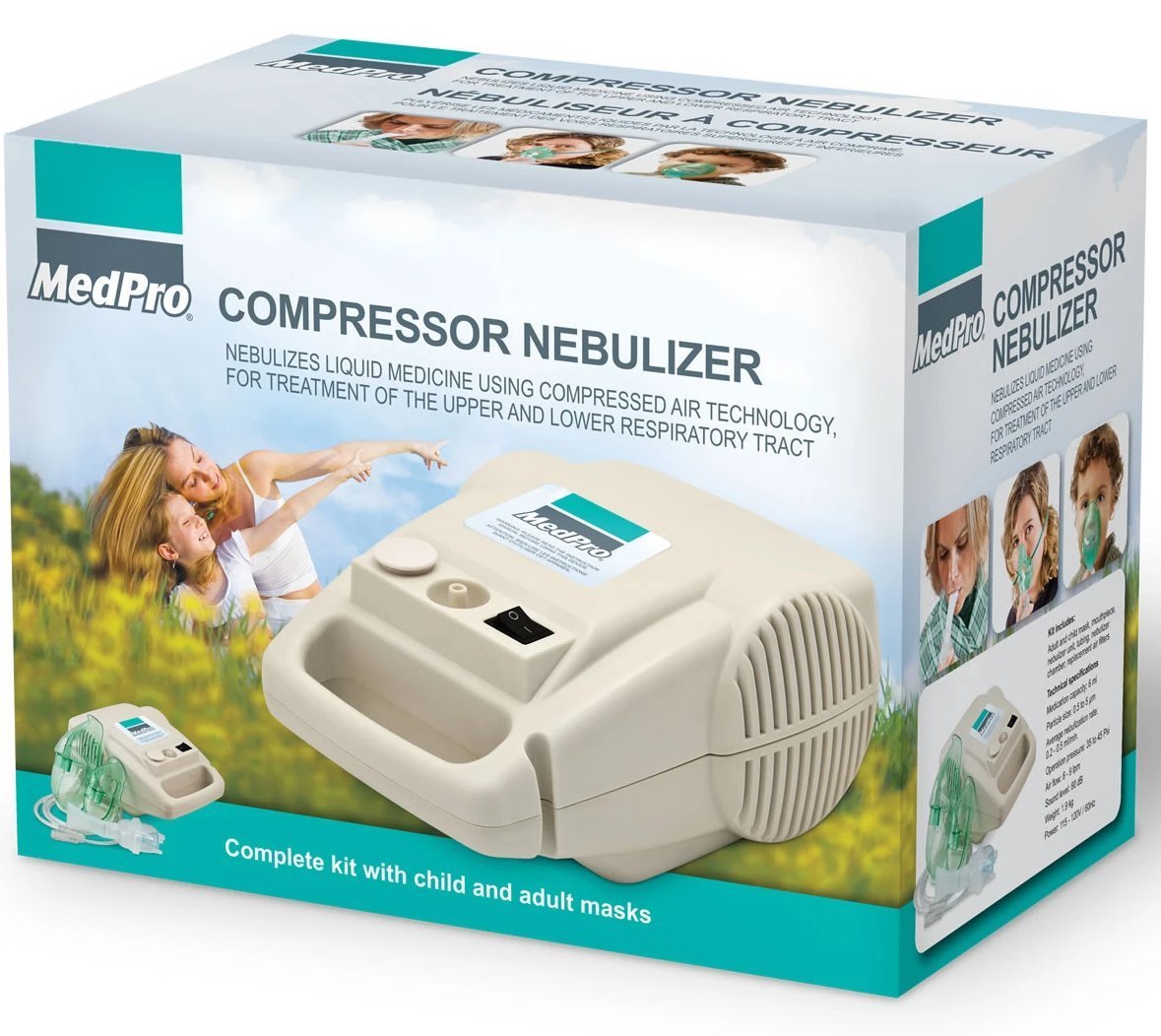 The MedPro Compressor Nebulizer in its retail packaging, highlighting its compact design and the complete kit included for treating upper and lower respiratory conditions.