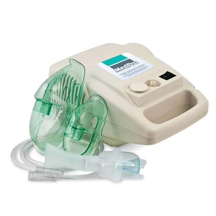Detailed shot of the MedPro nebulizer accessories, including the adult and child masks, tubing, and mouthpiece, designed for effective medication delivery.