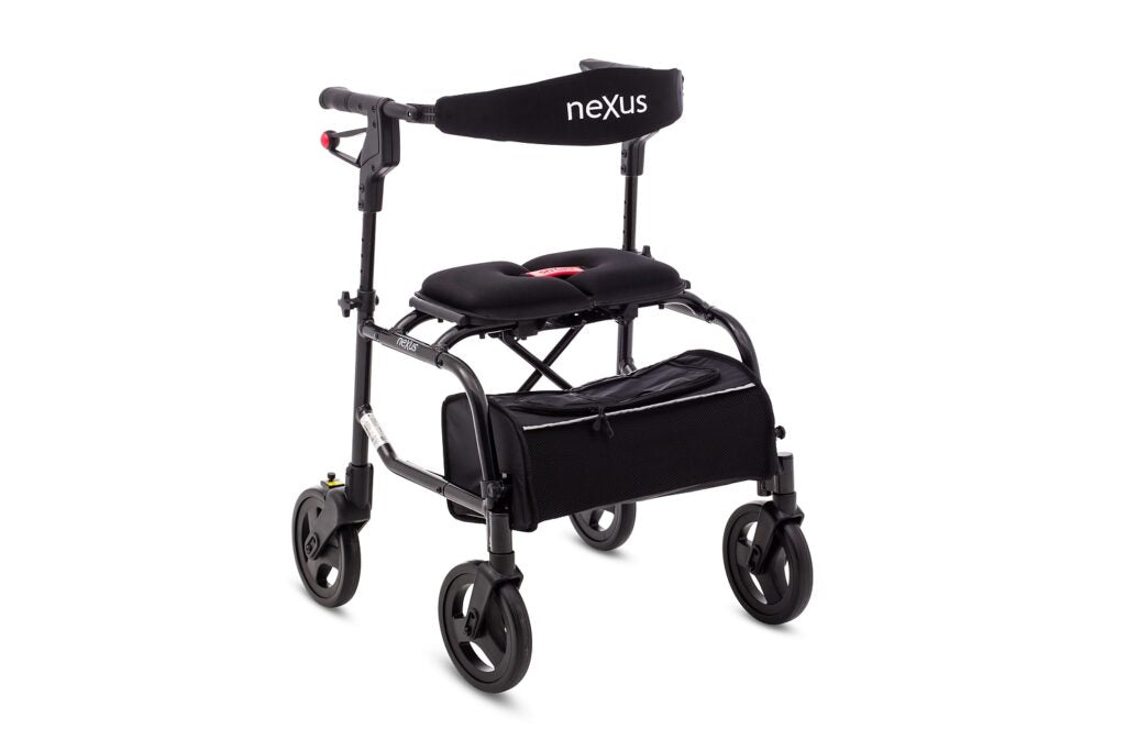 Standalone angled view of the black Nexus 3 Rollator featuring a cable-free braking system, padded backstrap, and a soft storage basket for safe and easy mobility.
