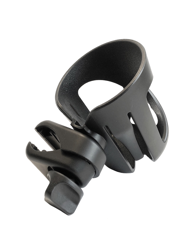 Black plastic NEXUS rollator cup holder attachment with mounting clamp clip isolated on a plain white background.