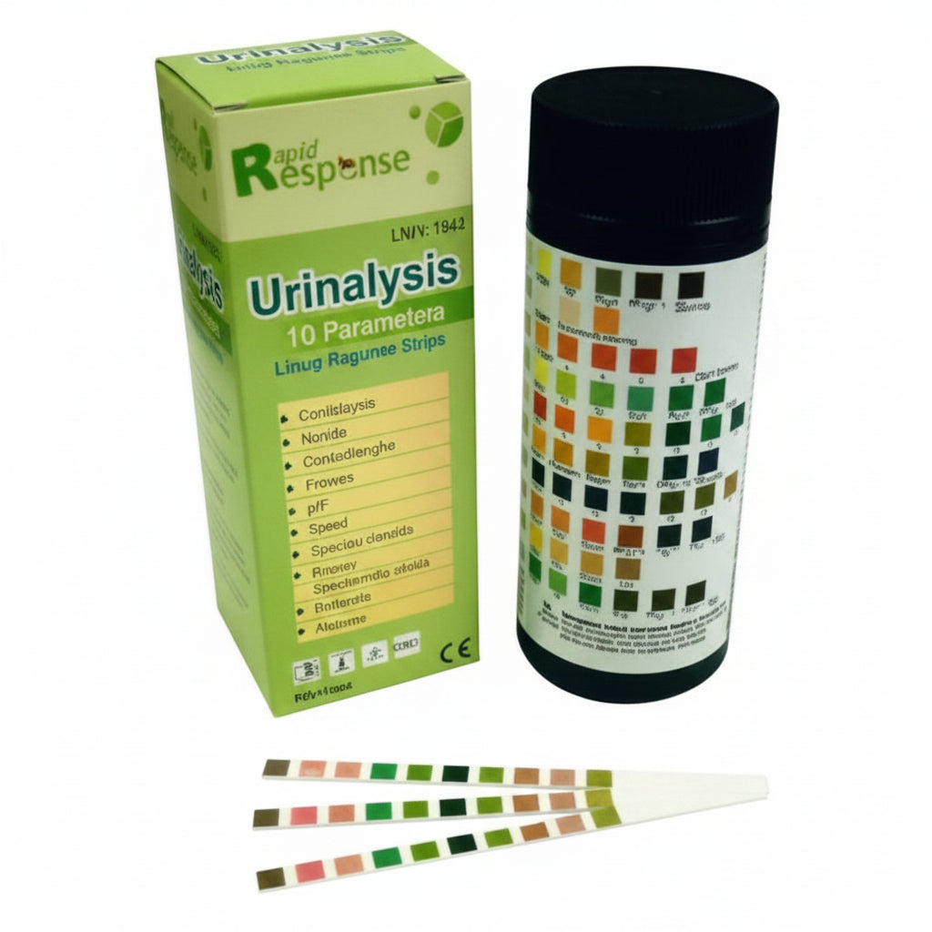 A professional 100-pack of Rapid Response Urinalysis Reagent Strips by BTNX, featuring 10 test parameters including glucose, protein, and leukocytes for clinical diagnostic screening.