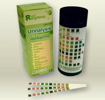 A professional 100-pack of Rapid Response Urinalysis Reagent Strips by BTNX, featuring 10 test parameters including glucose, protein, and leukocytes for clinical diagnostic screening.