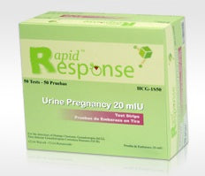 Retail box of the Rapid Response Urine Pregnancy Test Kit containing 50 one-step strip-style tests, FDA cleared and CLIA waived for professional diagnostic use.