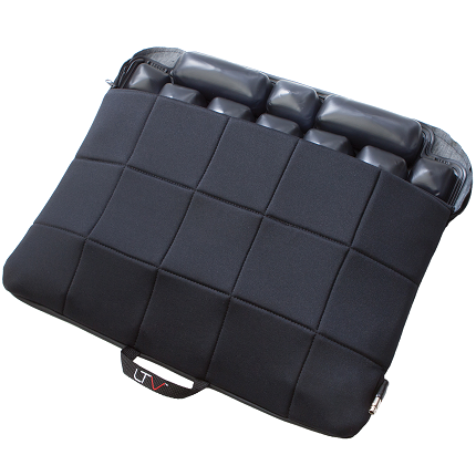 The ROHO LTV Seat Cushion featuring adjustable air-filled cells and a durable Stander cover, designed for portable pressure relief in cars, office chairs, and scooters.