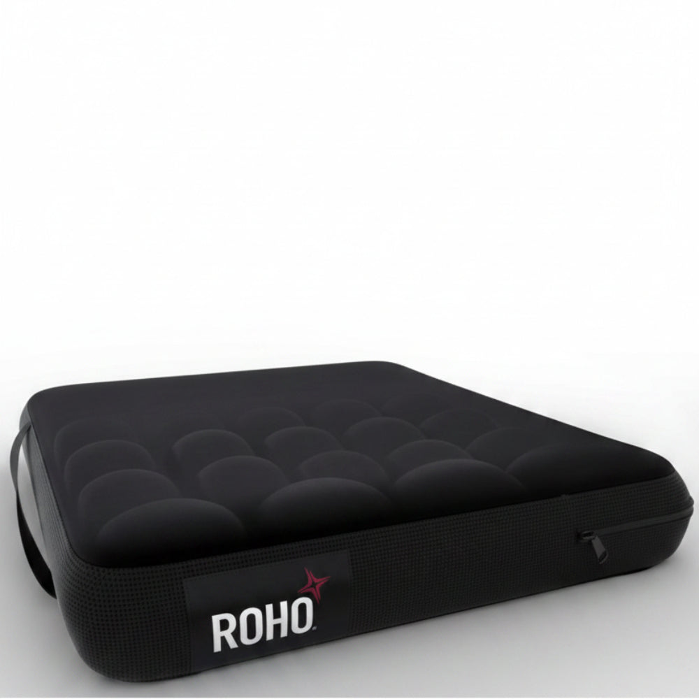 A profile view of the ROHO Mosaic cushion inside its standard black protective cover, showcasing the portable and lightweight design that weighs less than one pound.