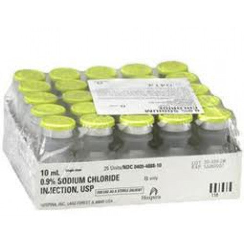 A professional 25-pack tray of Sodium Chloride 0.9% 10ml vials, shrink-wrapped and preservative-free, designed for single-use sterile clinical applications.