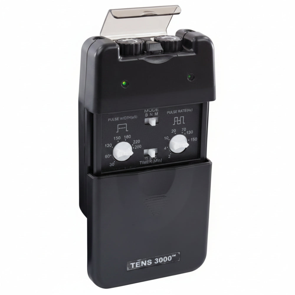 A front profile view of the Tens-3000 unit, highlighting its compact, handheld design and the clear digital display used for monitoring treatment modes and intensity.