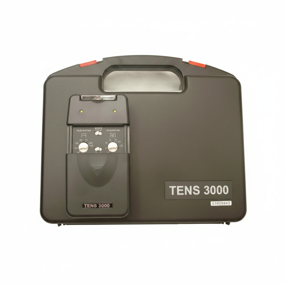The complete Tens-3000 Professional TENS unit kit, featuring the digital device in its protective hard-shell carrying case alongside electrode pads, lead wires, and the 9V battery.