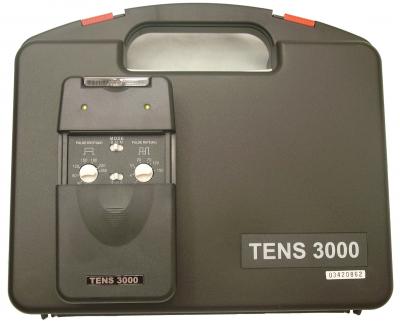 The complete Tens-3000 Professional TENS unit kit, featuring the digital device in its protective hard-shell carrying case alongside electrode pads, lead wires, and the 9V battery.