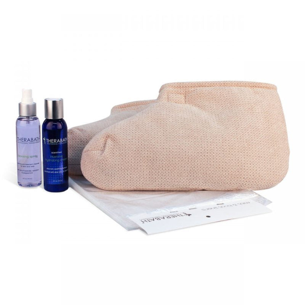 The complete Therabath Foot ComforKit featuring two insulated plush boots, 100 disposable liners, a 4-oz cleansing spray, and intensive hydrating cream for professional paraffin foot therapy.