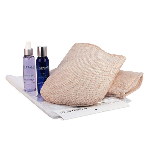 The complete Therabath Hand ComforKit featuring white 100% cotton terry velour mitts, a pack of disposable liners, and skin-softening topical sprays for enhanced paraffin wax treatments.