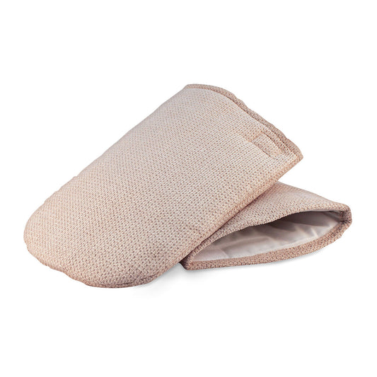A pair of tan Therabath Insulated Mitts, featuring heavyweight plush material and fiberfill insulation designed to retain warmth during paraffin wax treatments for increased pain relief.