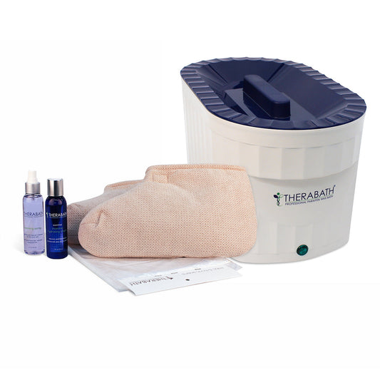 The Therabath professional paraffin unit shown as a bundle with the Foot Comfortkit, including insulated therapy boots and topical sprays for deep-soothing heat treatment of the feet.