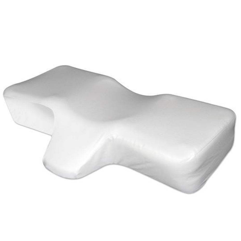 Charger la vidéo : Therapeutica Cervical Sleeping Pillow sizing guide showing how to measure from the base of the neck to the outside edge of the shoulder to choose the correct pillow size for back and side sleeping support.