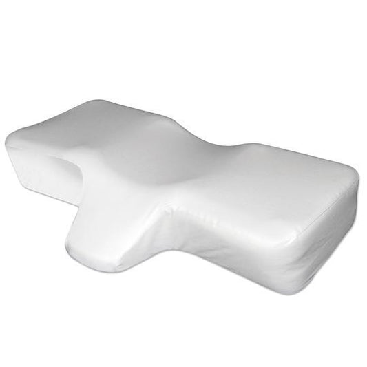 A side angled view of the white Therapeutica Cervical Sleeping Pillow, showcasing its unique ergonomic design with a neck cradle and side wings for back and side sleeping support.