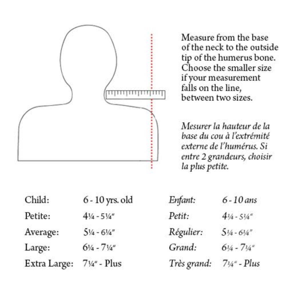 An instructional infographic for the Therapeutica pillow showing how to measure shoulder length to ensure the correct fit across Petite, Average, Large, and X-Large sizes.