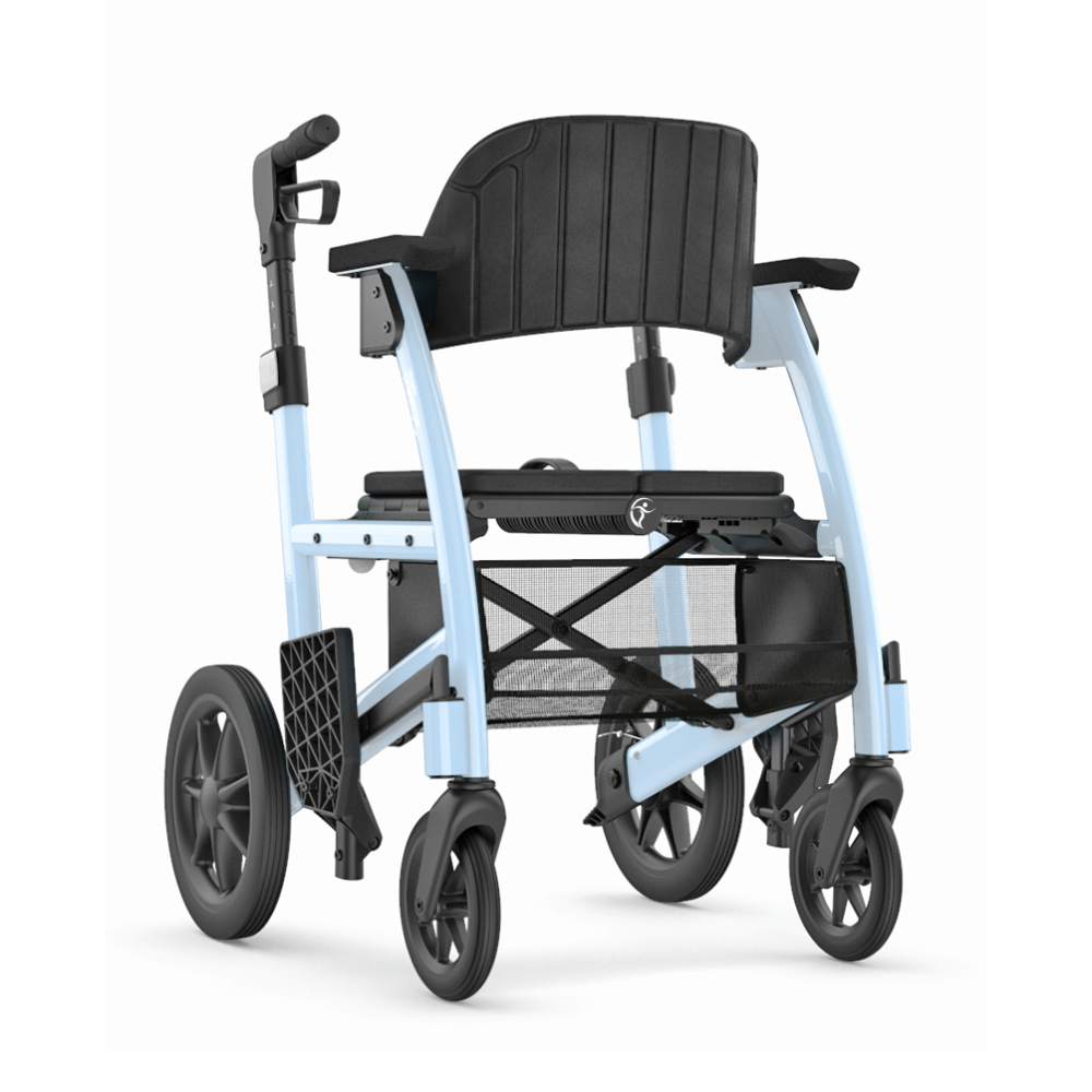 Full angled view of the light blue Triumph Prestige All-in-one Rollator and Transport Chair, featuring a flexible padded backrest and large wheels for smooth indoor and outdoor mobility.