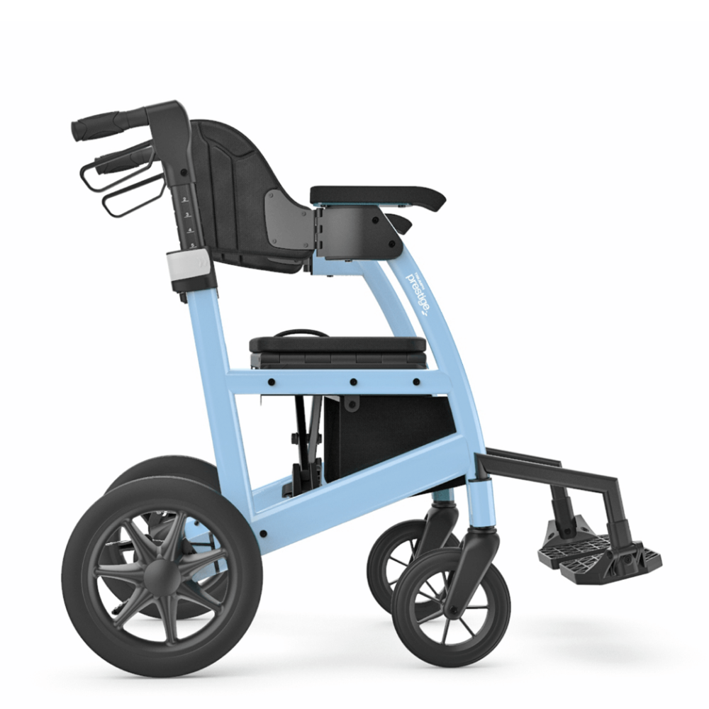 Side profile view of the Triumph Prestige All-in-one mobility aid, highlighting the compact folding design and durable frame construction.