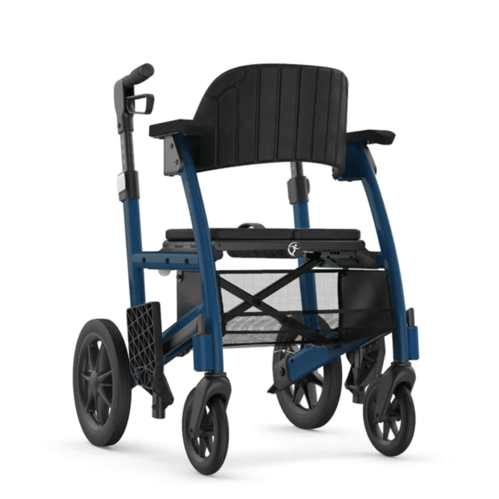 Front profile view of the Triumph Prestige hybrid rollator, showcasing the sturdy blue frame, soft storage basket, and comfortable seating area.