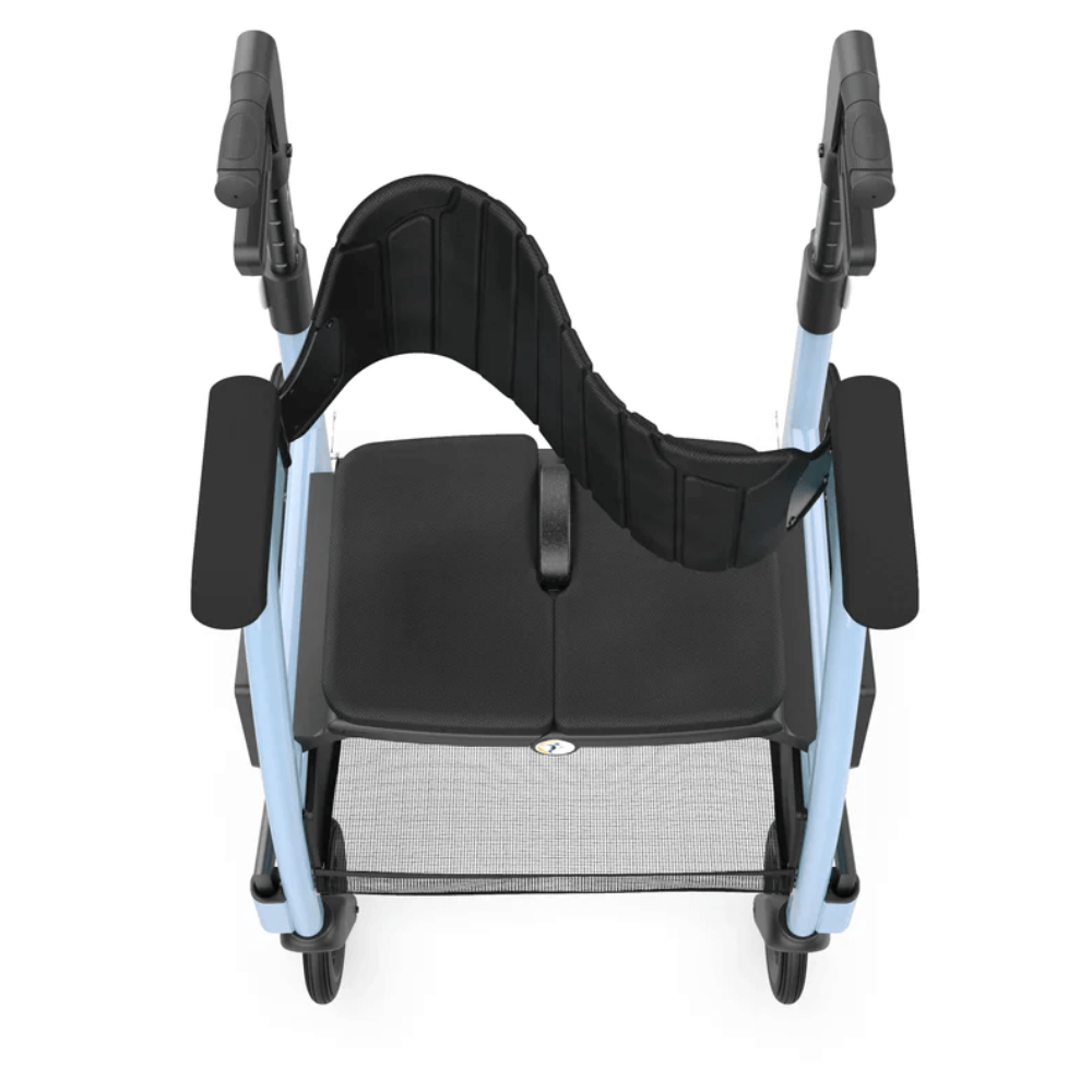 Detailed view of the flexible padded backrest on the Triumph Prestige, which swivels easily to convert the unit from a rollator to a transport chair.