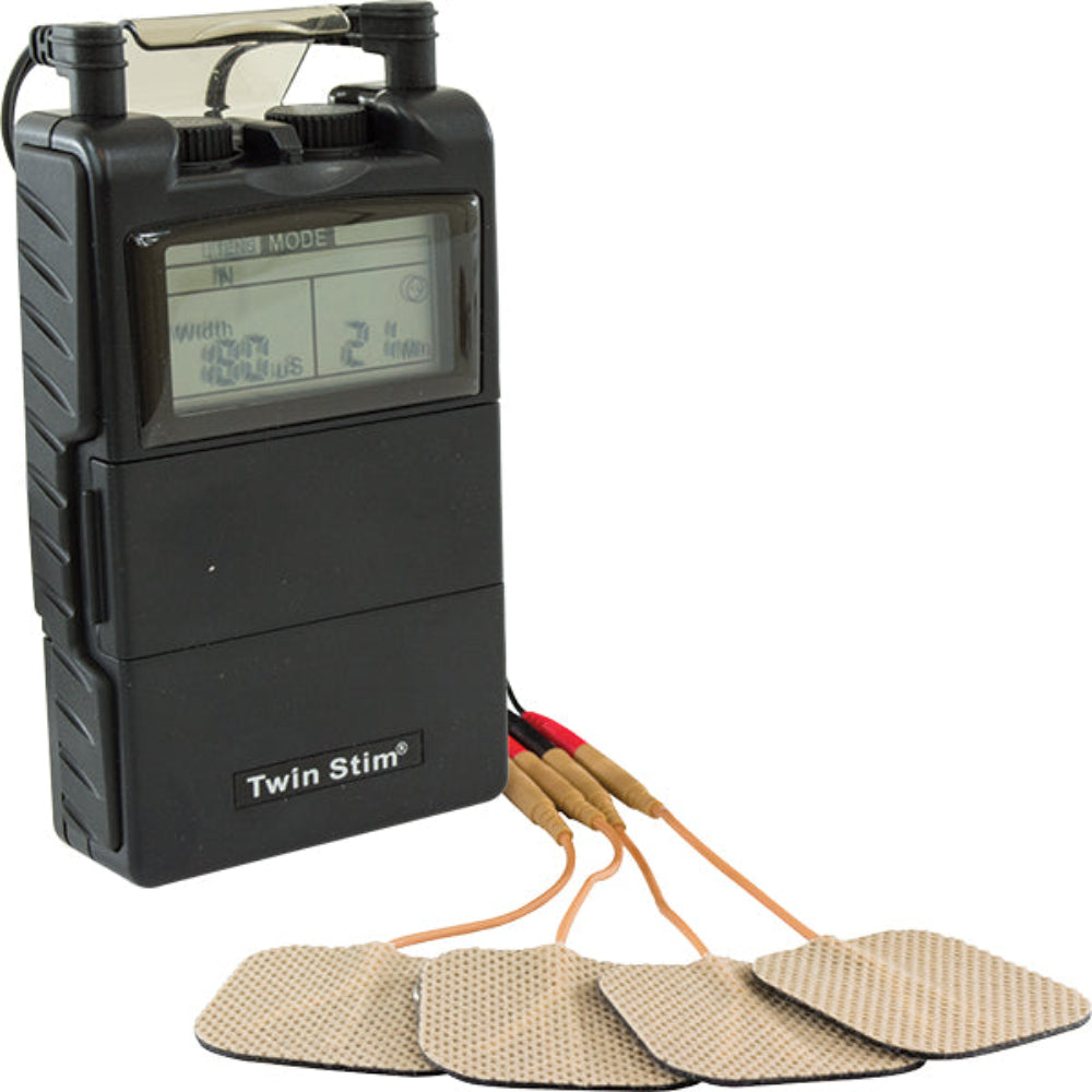 A product demonstration shot of the Twin Stim 2nd Edition connected to four electrode pads, highlighting its portable design for professional muscle stimulation and TENS therapy.