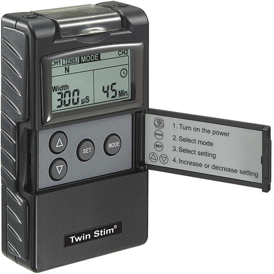 Front view of the Twin Stim TENS and EMS Combo 2nd Edition, featuring a protective flip-down cover over the digital controls and dual-channel output for comprehensive pain therapy.