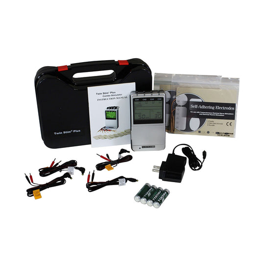 The complete TwinStim Plus TENS and EMS combo kit, featuring a 4-channel digital unit with 8 stimulation modes, AC power adapter, lead wires, 8 electrode pads, and a professional carrying case.